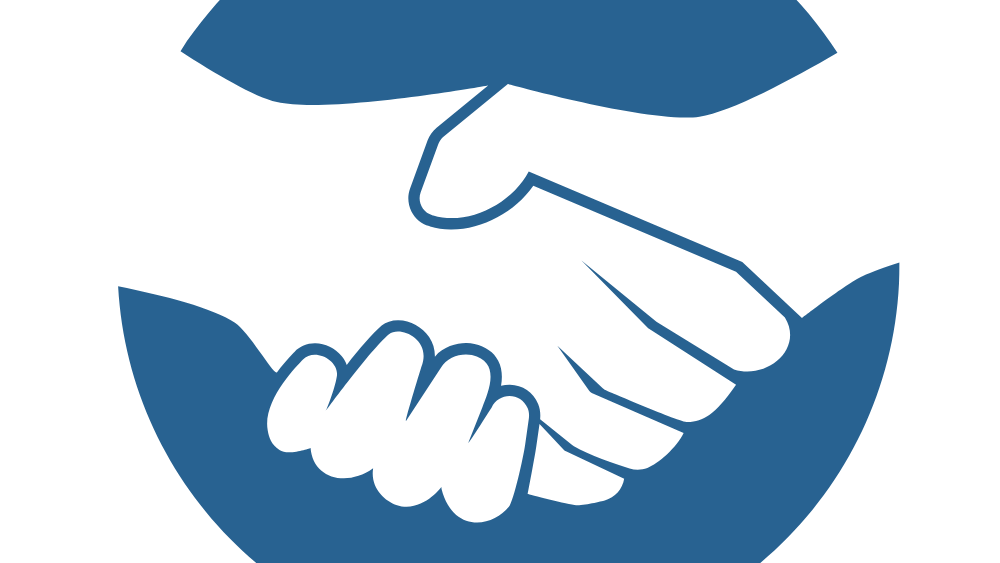 Icon of two hands shaking with a blue leaf at the top and bottom on a white background